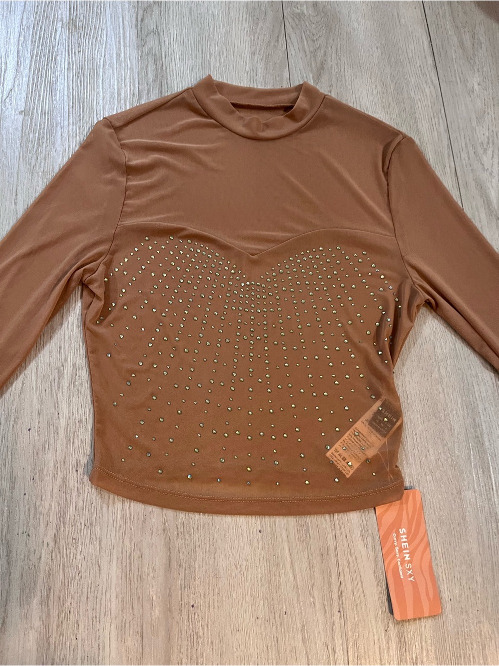 SHEIN Light Brown Shee Long-Sleeve Top with Rhinestone Bustier NWT Medium